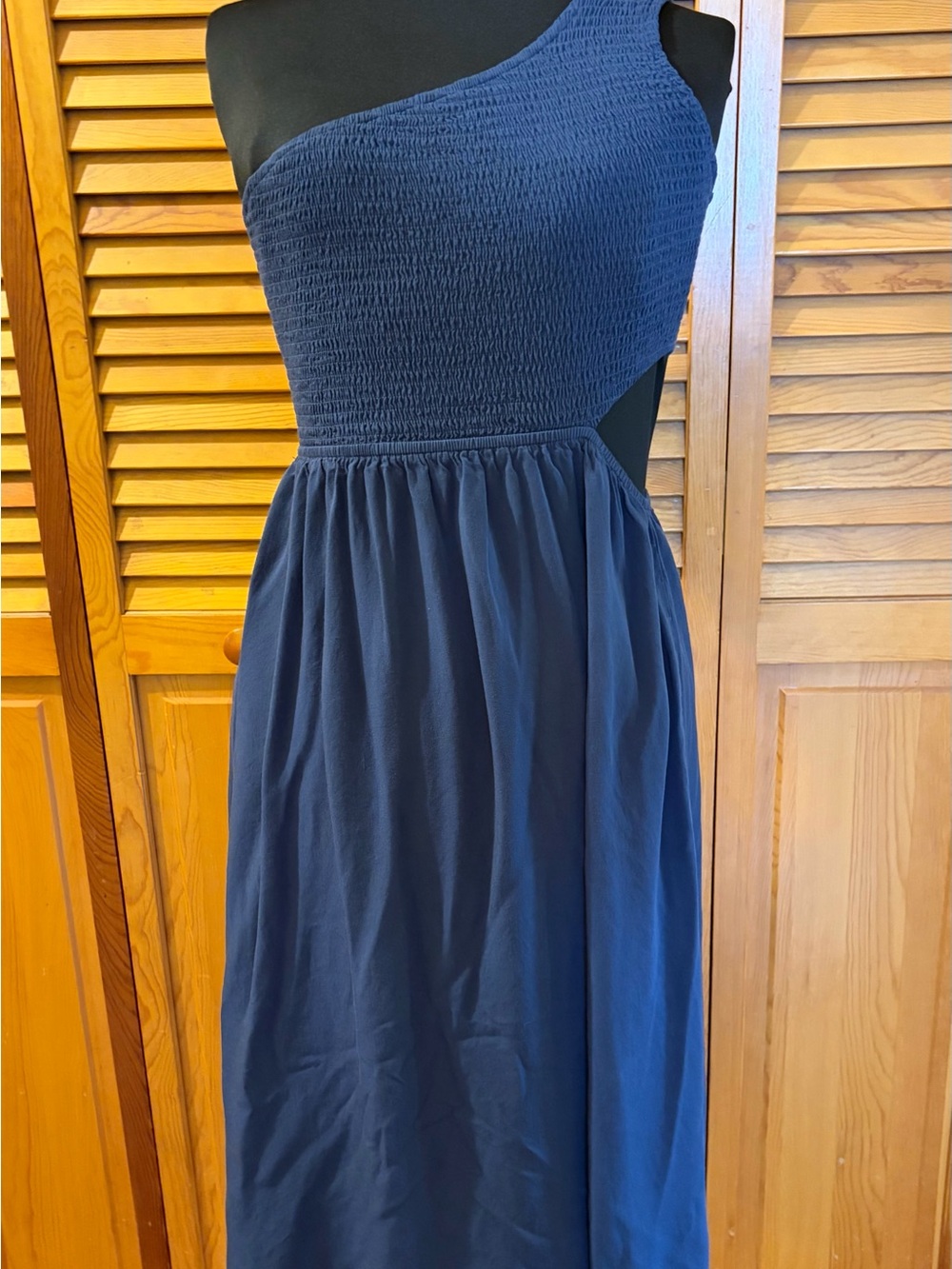 ANRABESS Blue One Shoulder Cutout Dress M Smocked Midi Sundress Vacation